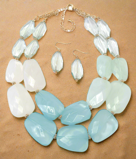 Coastal multi color Facet Resin Double chain necklace with earrings