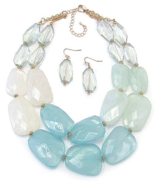 Coastal multi color Facet Resin Double chain necklace with earrings