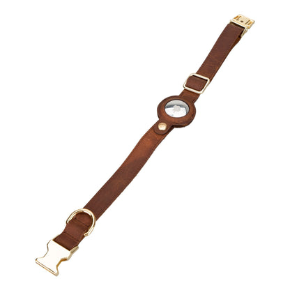Golden Leather Dog Collars with Apple AirTag Slot